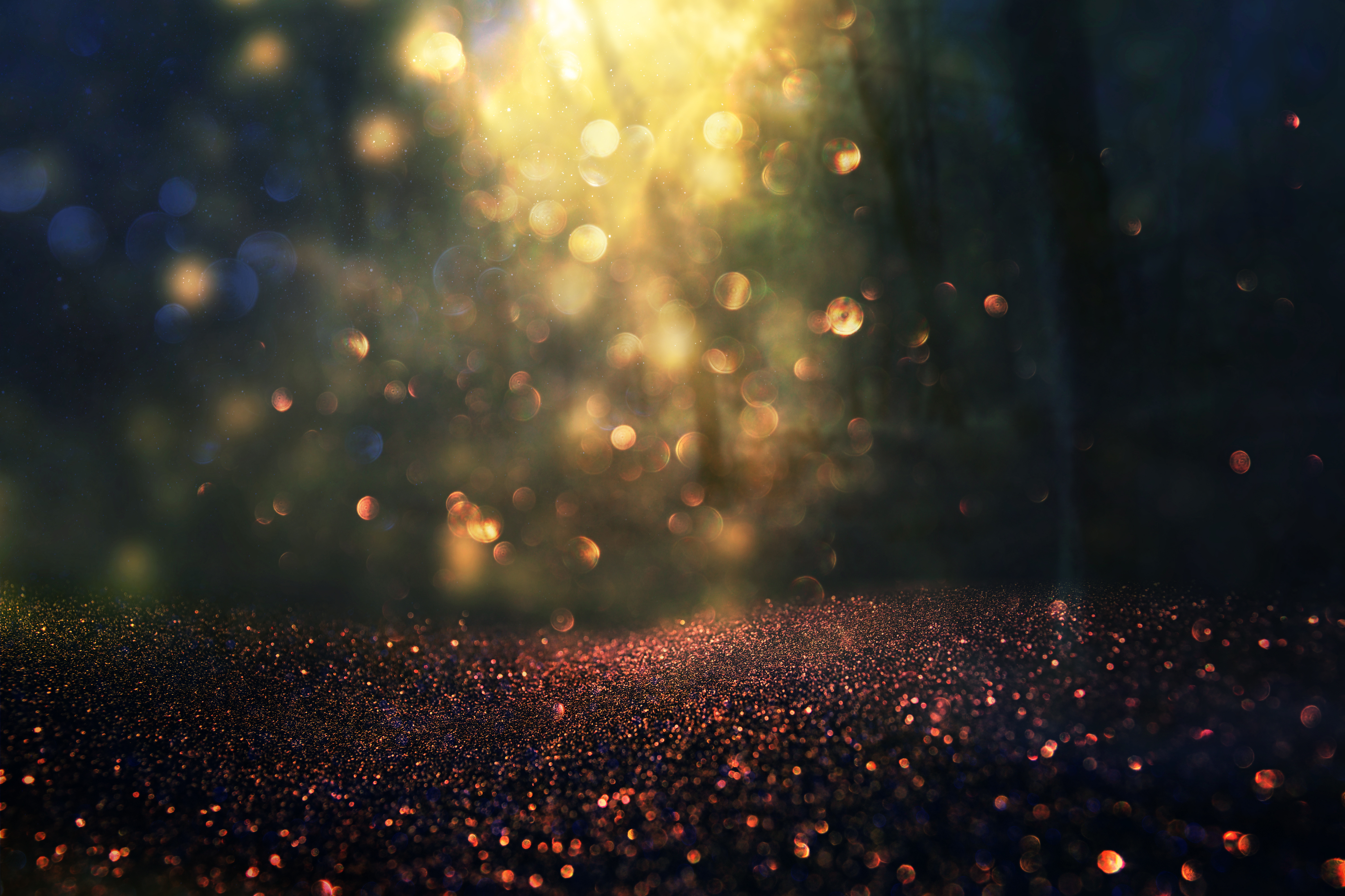 blurred abstract photo of light burst among trees and glitter golden bokeh lights